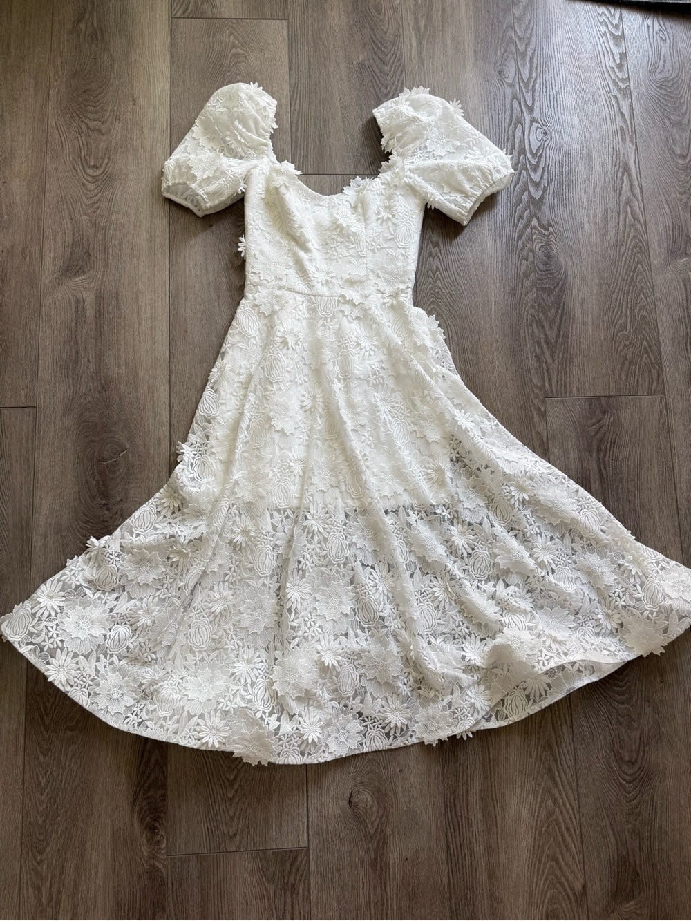 helsi mallory white floral lace puff sleeve fit & flare midi bridal dress XS NEW